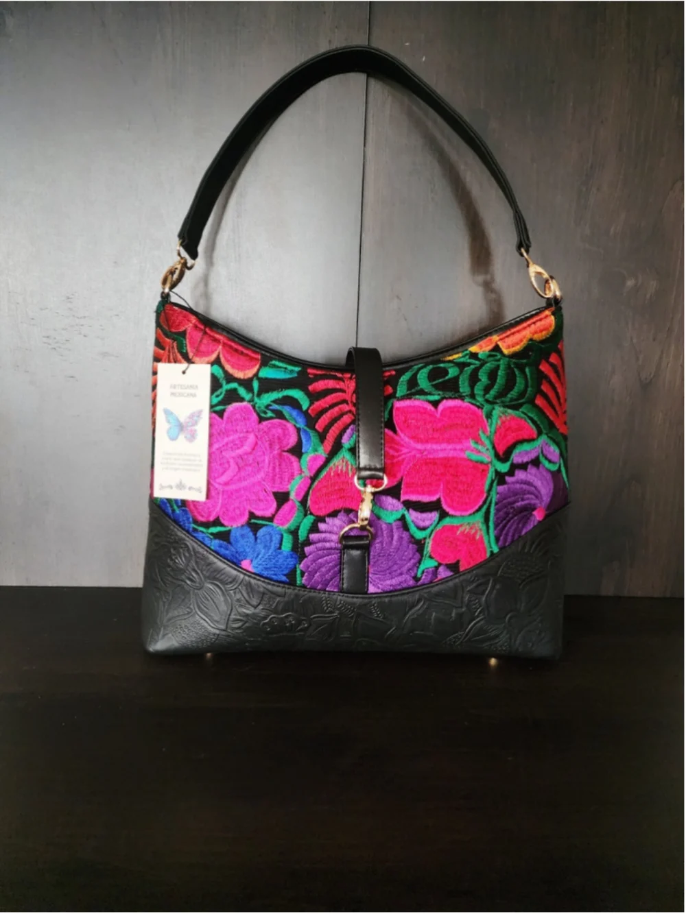 Floral Embroided Embossed Tooled Artisan LEATHER Handbag Shoulder Purse Black